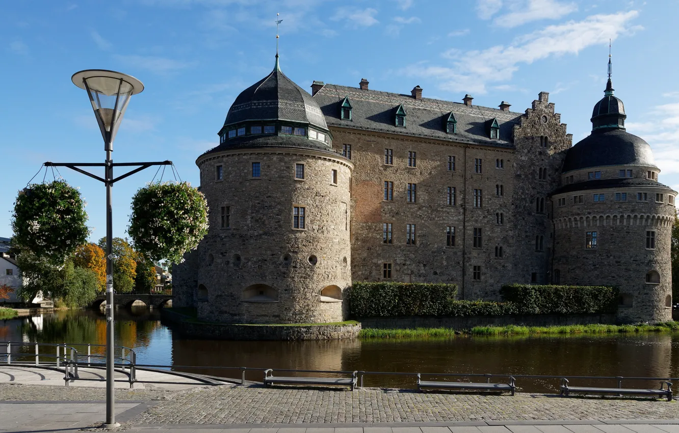 Photo wallpaper pond, castle, lights, Sweden, Orebro