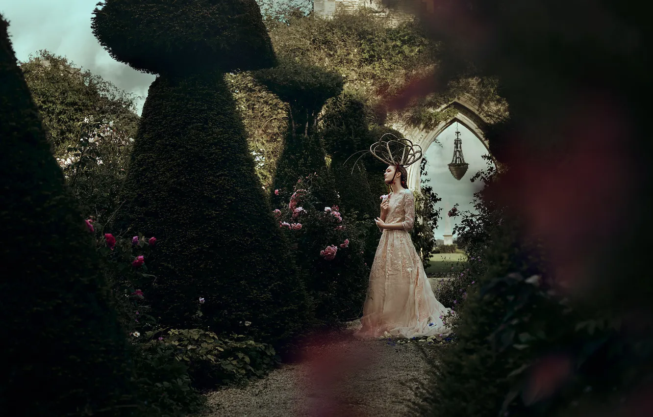Photo wallpaper summer, girl, flowers, style, Park, castle, roses, garden
