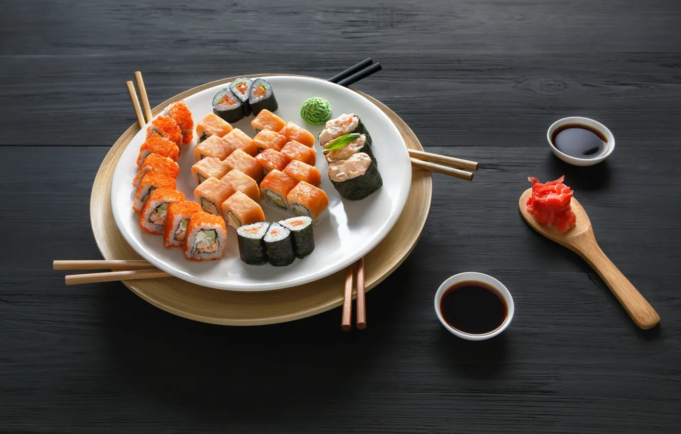 Photo wallpaper sticks, sauce, sushi, sushi, rolls, ginger, set, wasabi