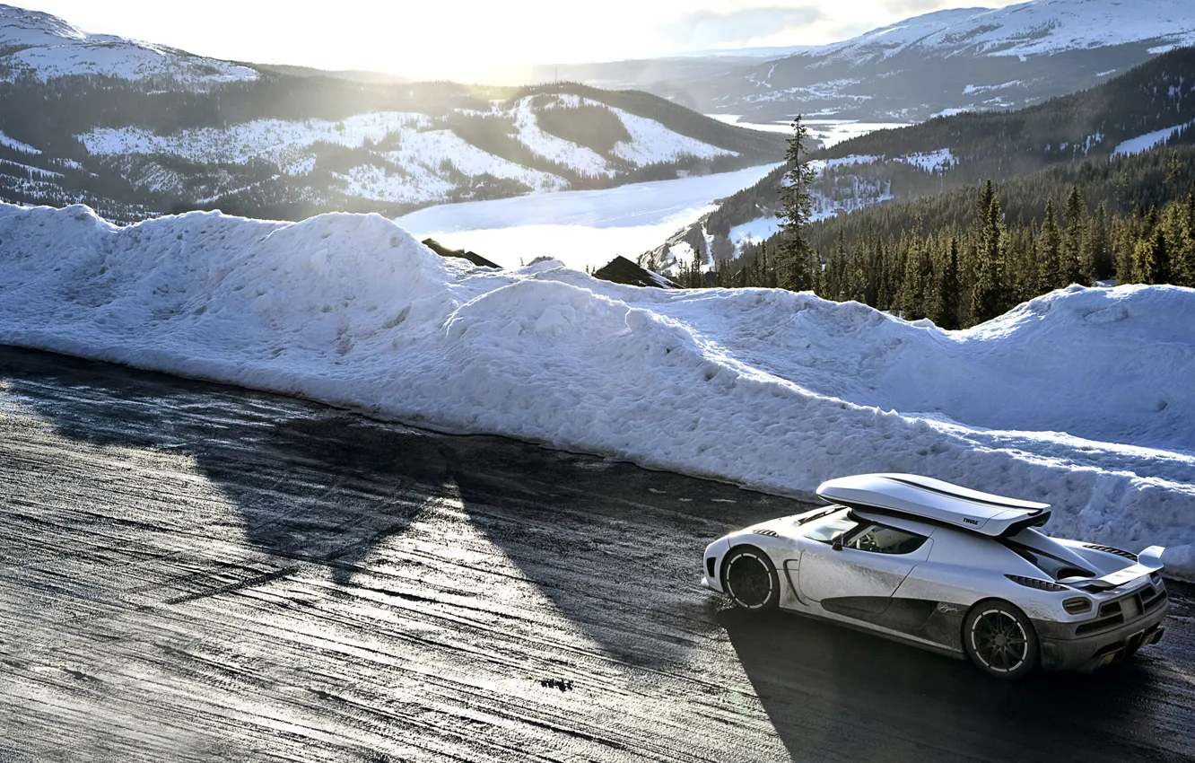 Photo wallpaper road, white, snow, mountains, Koenigsegg, Top Gear, supercar, the best TV show