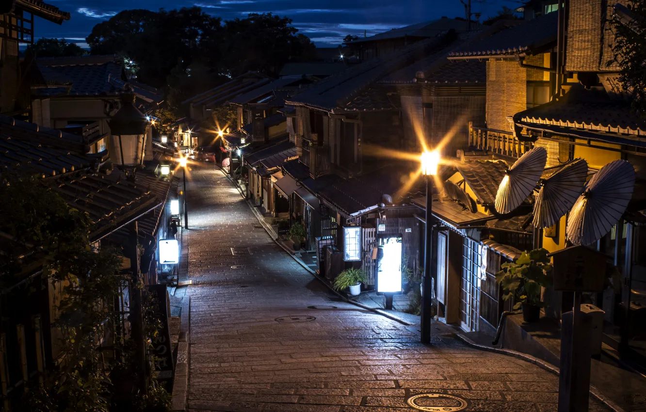 Photo wallpaper night, lights, home, Japan, lights, Kyoto, street