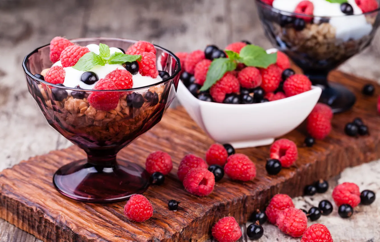 Photo wallpaper berries, raspberry, Breakfast, mint, currants, breakfast, muesli, yogurt