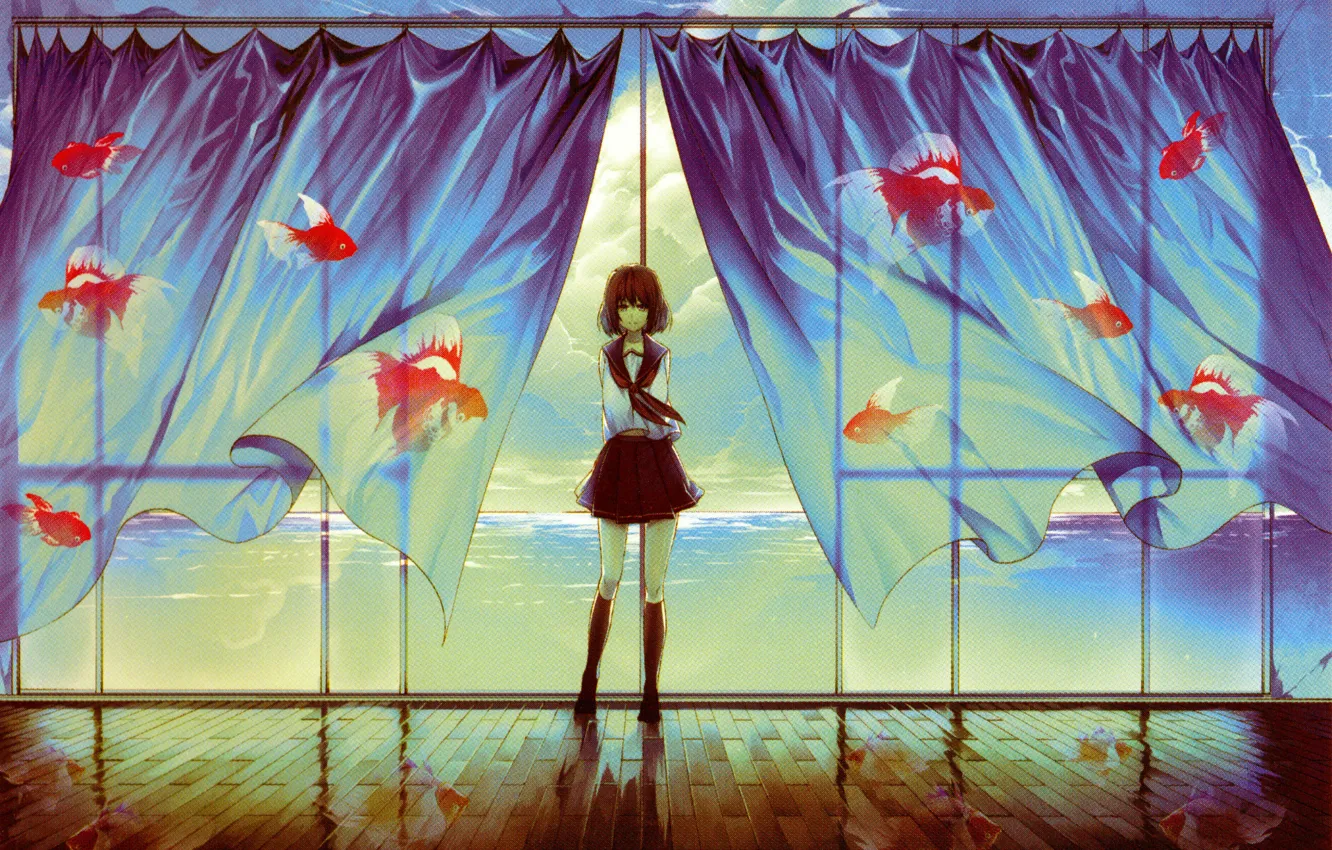 Photo wallpaper window, goldfish, curtains, schoolgirl, art, Mitab The Iroha In