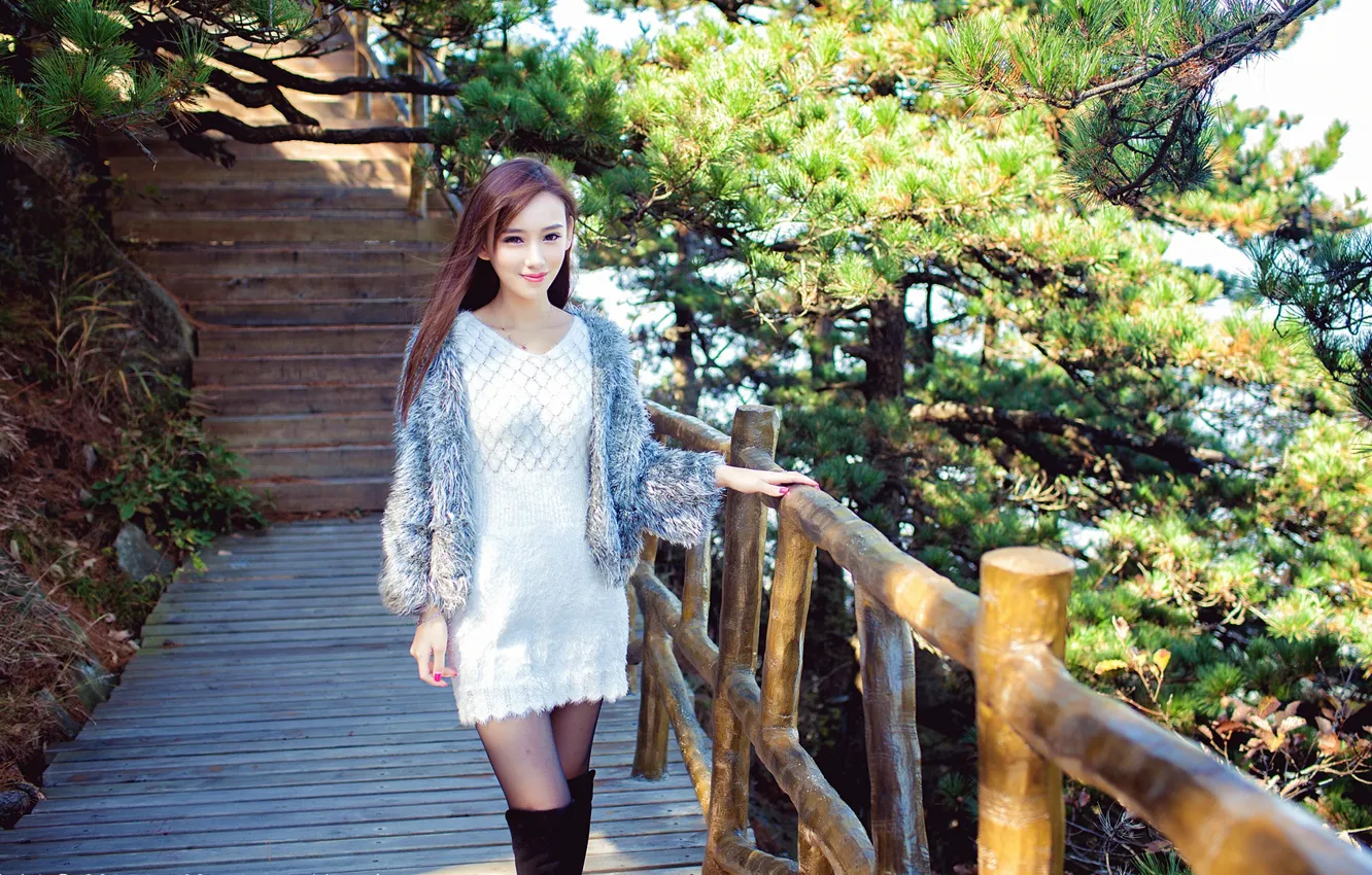 Photo wallpaper long hair, photography, model, brunette, asian, smiling, depth of field, fur coats