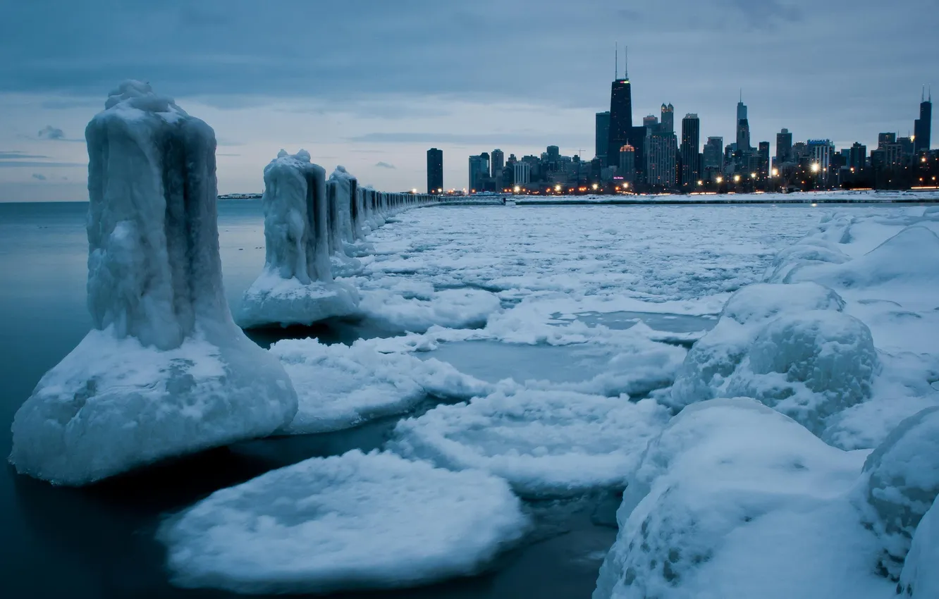 Photo wallpaper ice, winter, snow, the city, river, skyscrapers, Chicago, Illinois