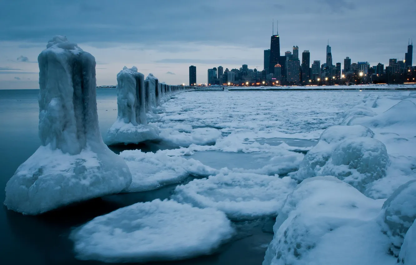 Photo wallpaper winter, snow, the city, river, ice, skyscrapers, Chicago, Illinois