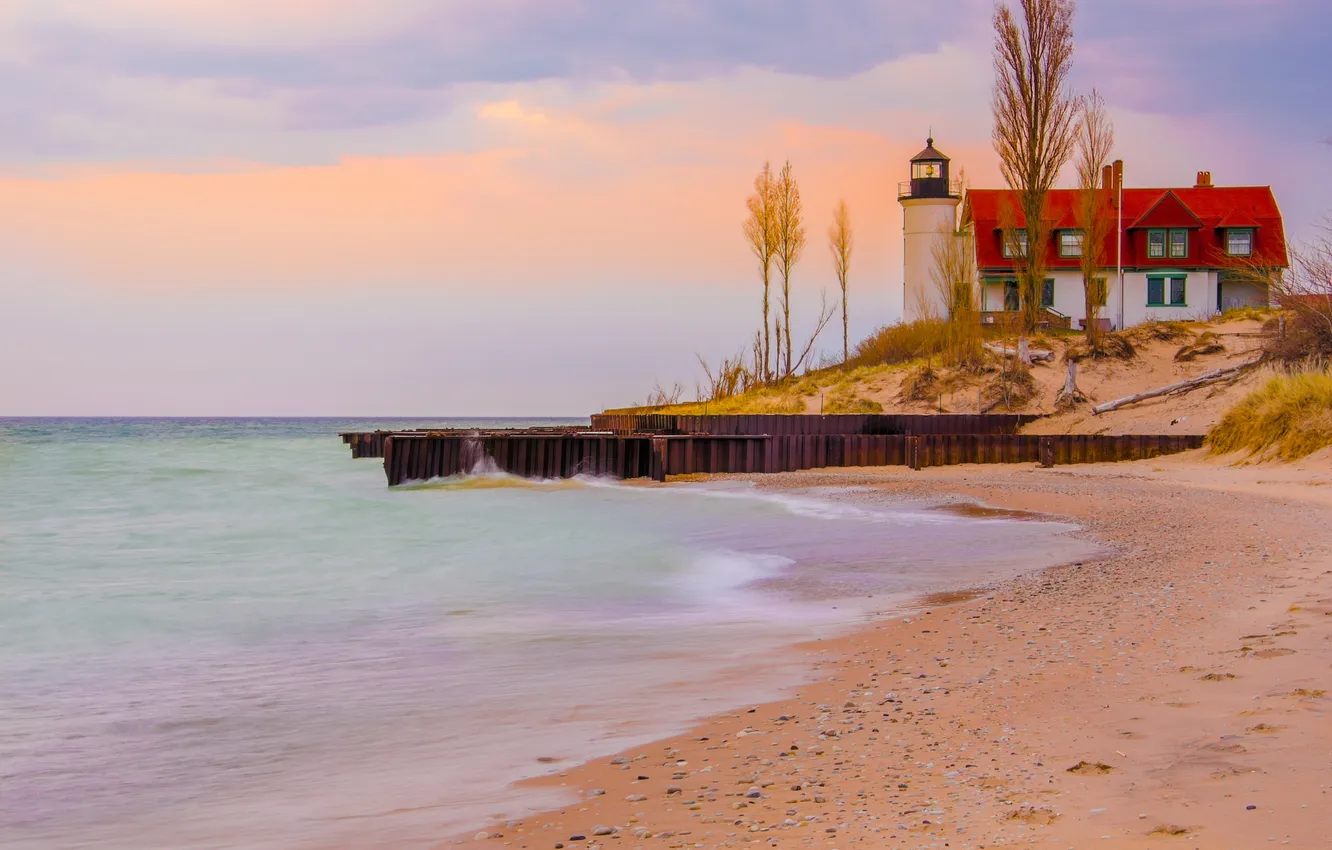 Photo wallpaper sea, the sky, clouds, lighthouse, home