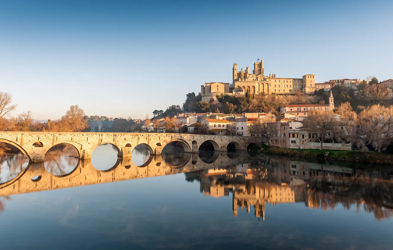 Photo wallpaper landscape, reflection, river, France, building, Cathedral, France, Old bridge