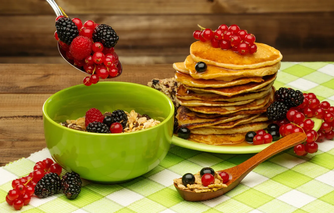 Photo wallpaper berries, Breakfast, honey, pancakes, fresh, currants, BlackBerry, berries