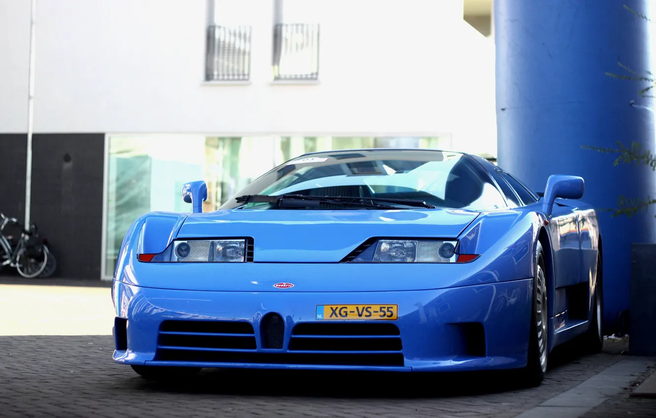 Photo wallpaper blue, the building, supercar, supercar, Bugatti, blue, building, Bugatti EB 110