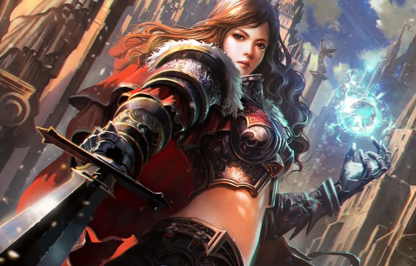 Photo wallpaper girl, the city, magic, sword, armor, sphere, knight