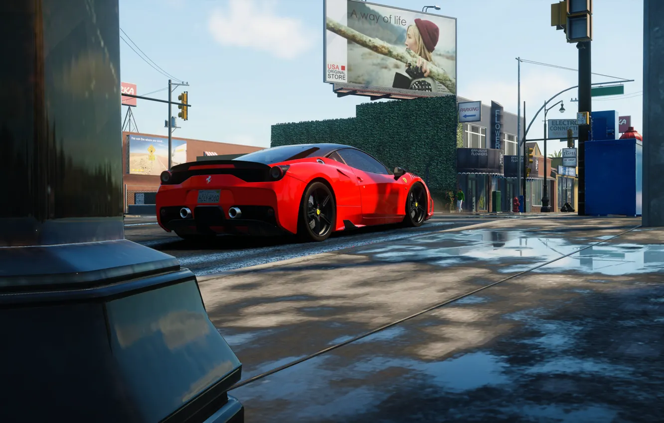 Photo wallpaper street, traffic light, Ferrari, shield, Sunny, The Crew, Wild Run, 450 Italia