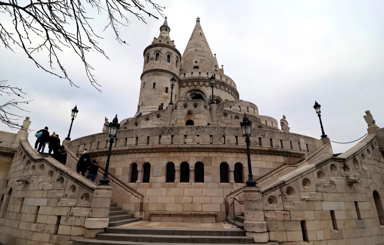 Photo wallpaper branches, people, castle, lights, stairs, fortress, Fisherman's Bastion