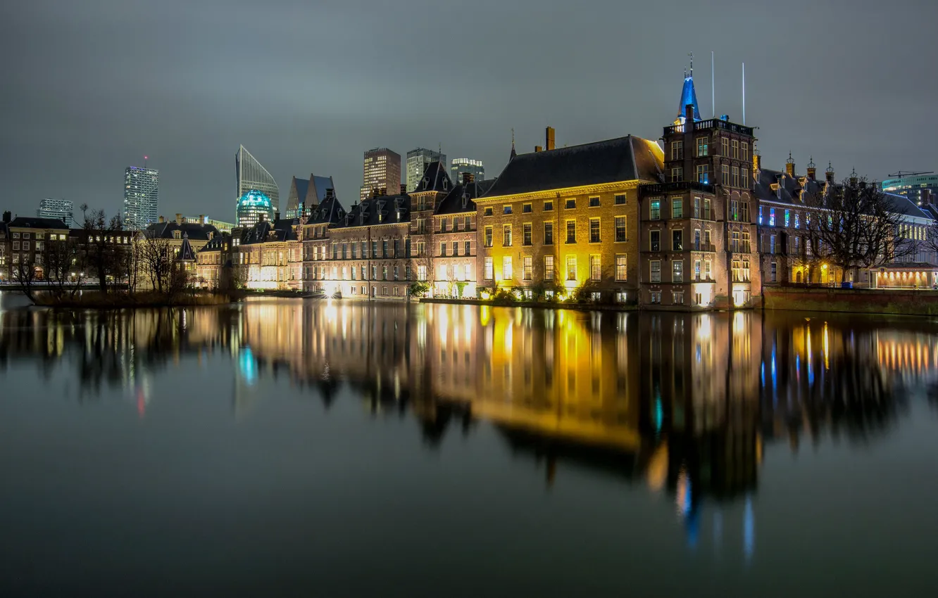 Photo wallpaper lights, reflection, the evening, Netherlands, Holland, The Hague