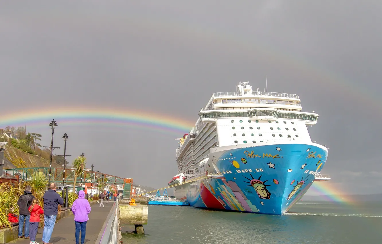 Photo wallpaper people, ship, rainbow, pier