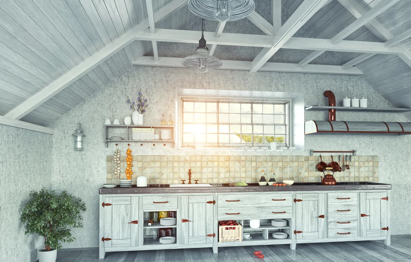 Photo wallpaper design, window, kitchen