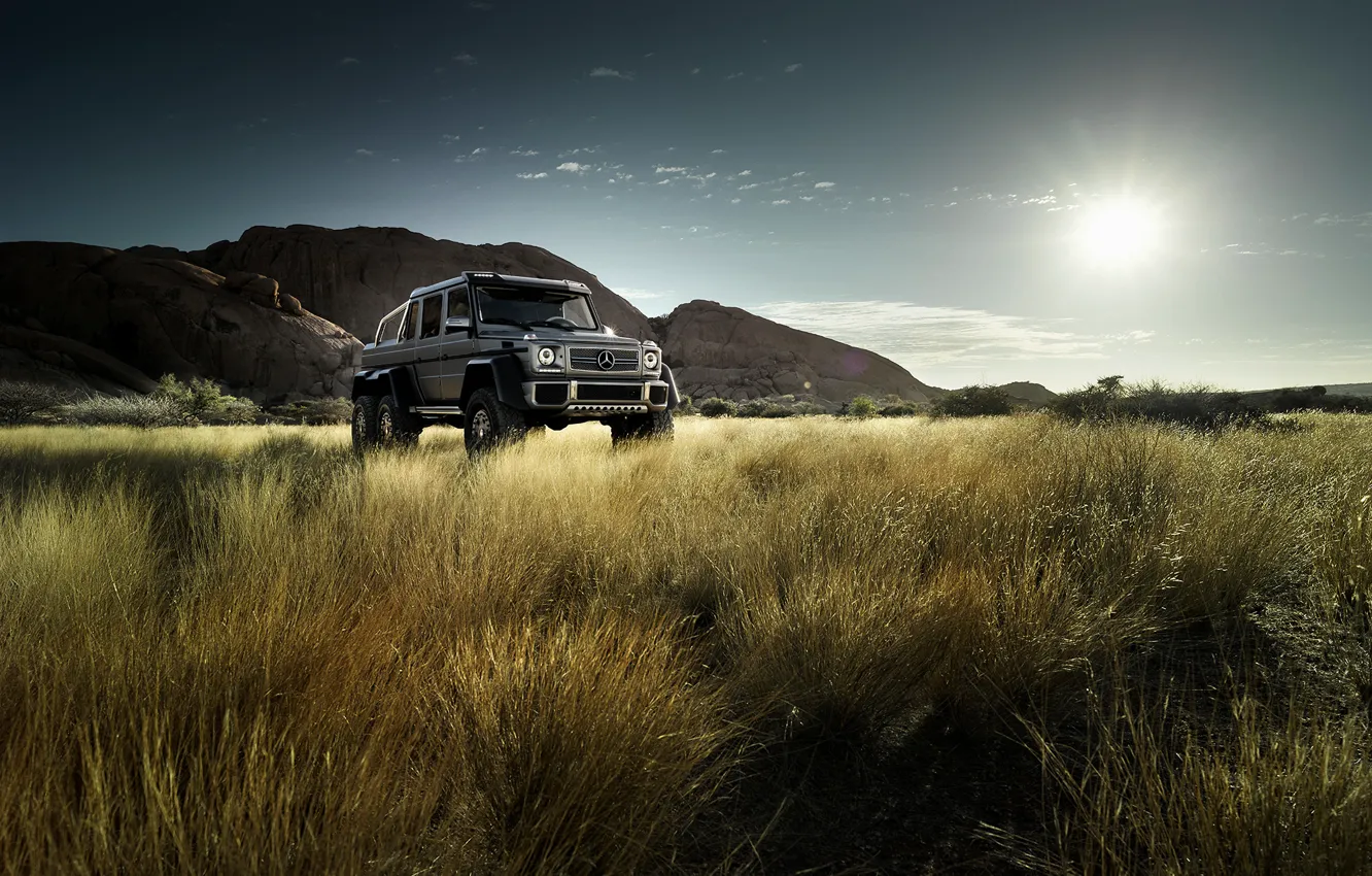 Photo wallpaper field, the sun, mountains, Mercedes-Benz, AMG, Mercedes Benz, silvery, G63