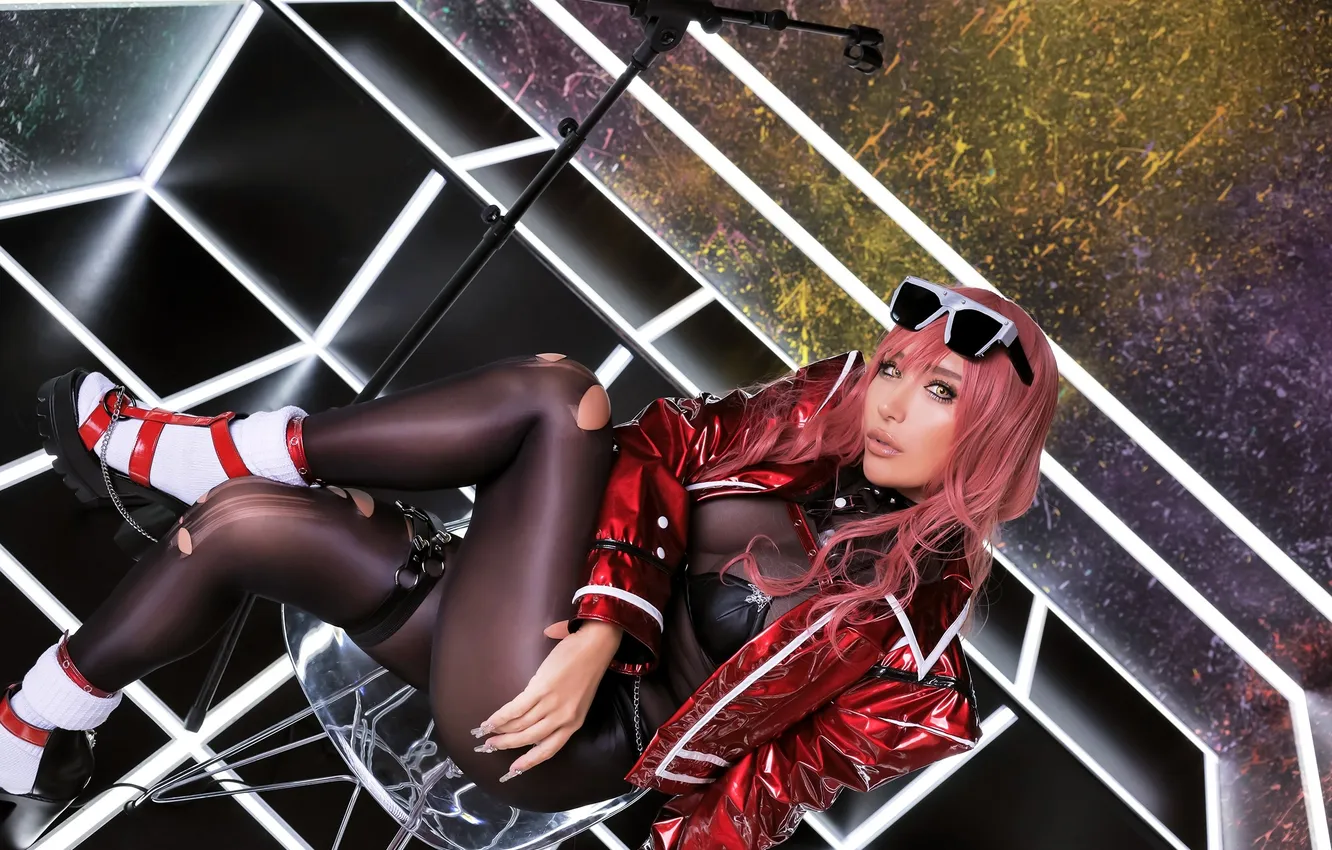 Photo wallpaper glasses, jacket, chair, outfit, image, microphone, pink hair, Nonsummerjack