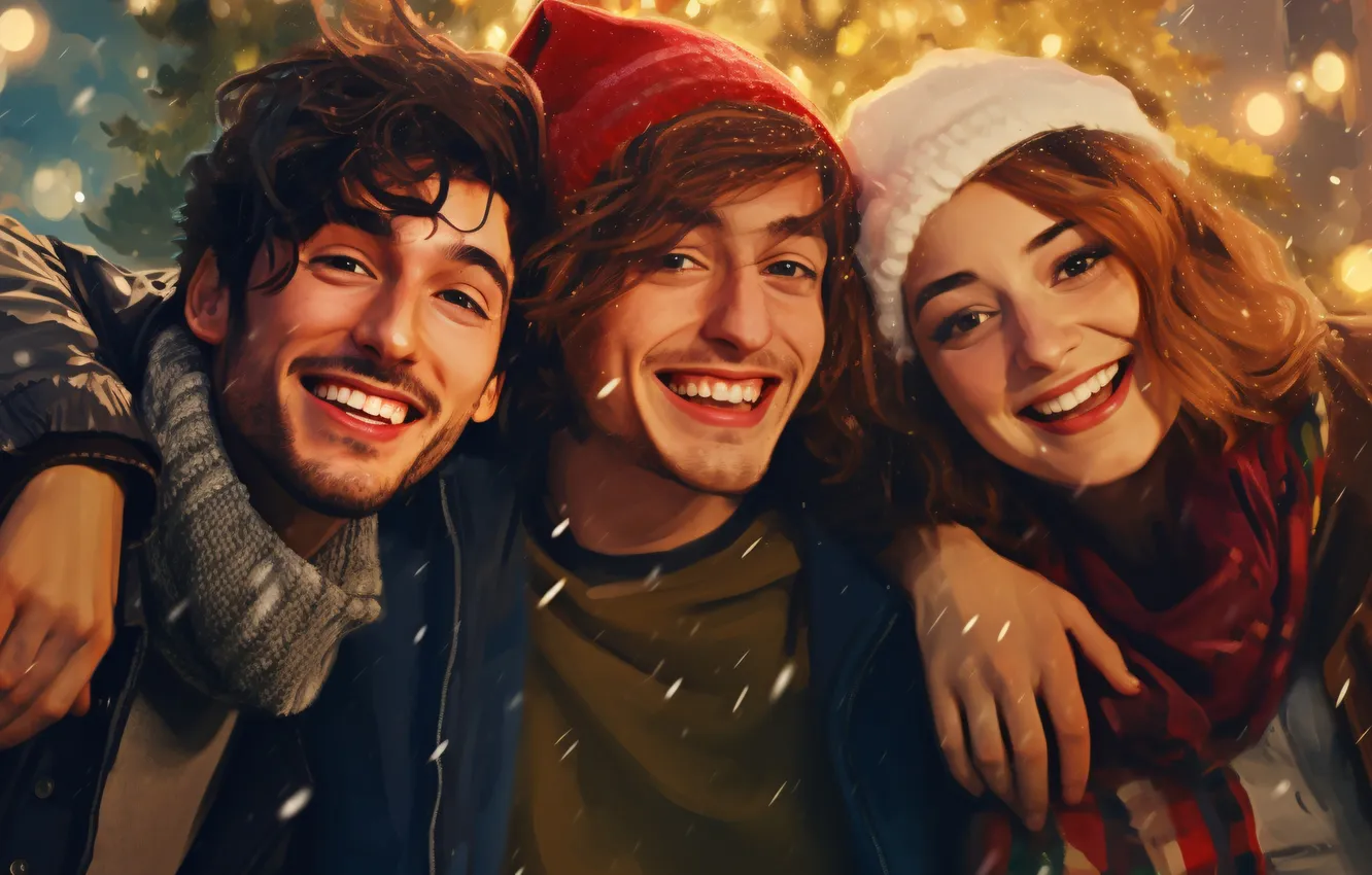 Photo wallpaper Girl, Look, Smile, Christmas, New year, Joy, Three, Digital art