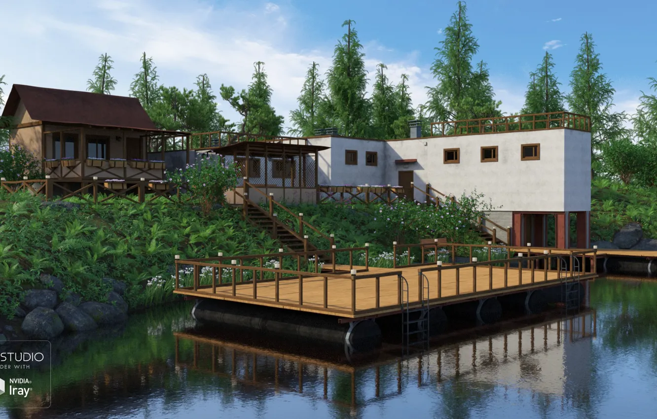 Photo wallpaper vegetation, structure, pond, pontoon, On the Shore