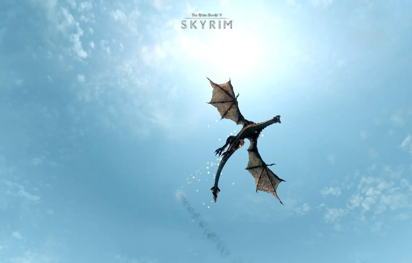 Photo wallpaper the sky, flight, blue, dragon, the game, wings, The Elder Scrolls V: Skyrim