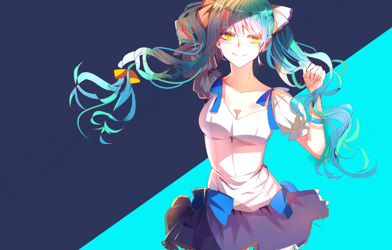 Photo wallpaper smile, stockings, blue eyes, vocaloid, hatsune miku, bow, long hair, blue background