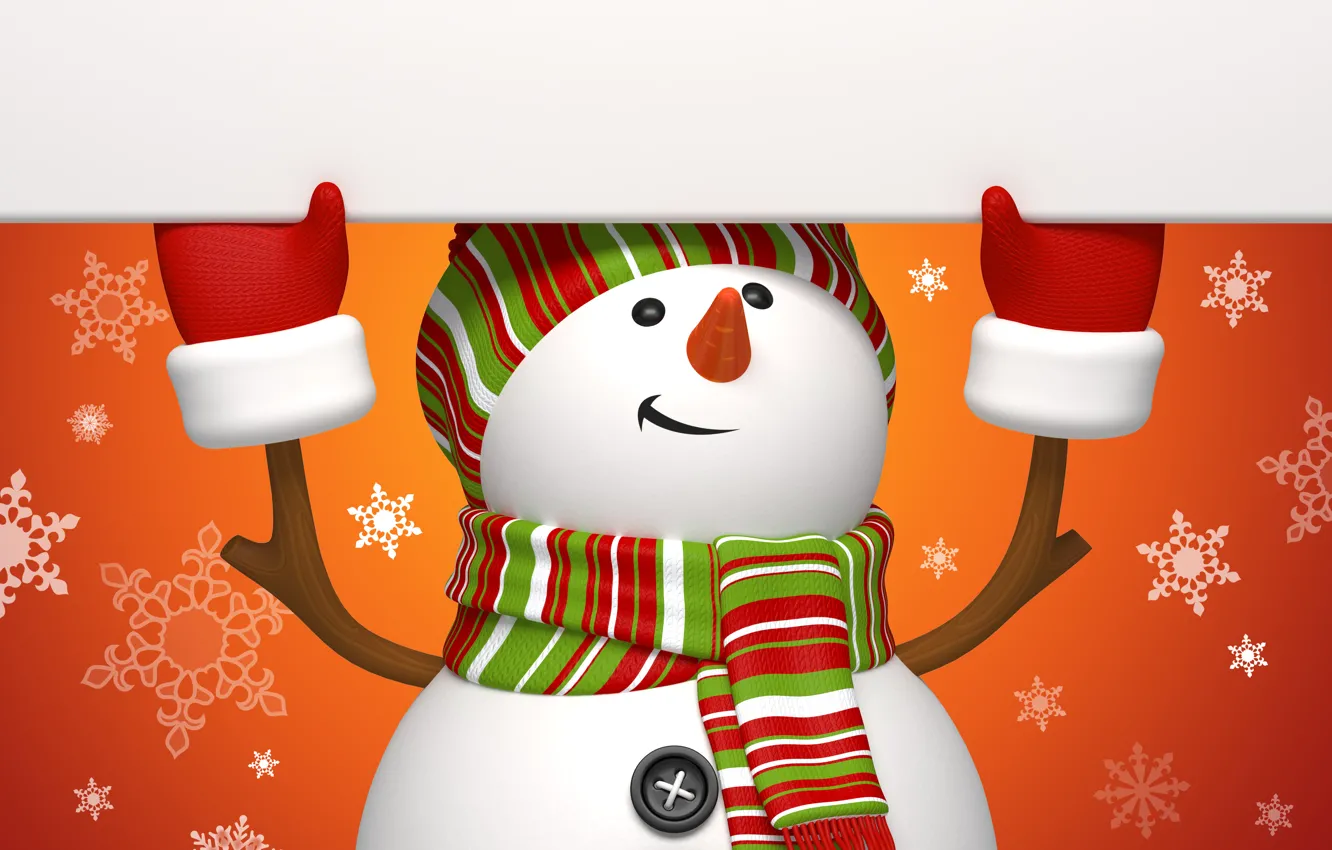 Photo wallpaper winter, snowflakes, orange, holiday, graphics, new year, Christmas, snowman
