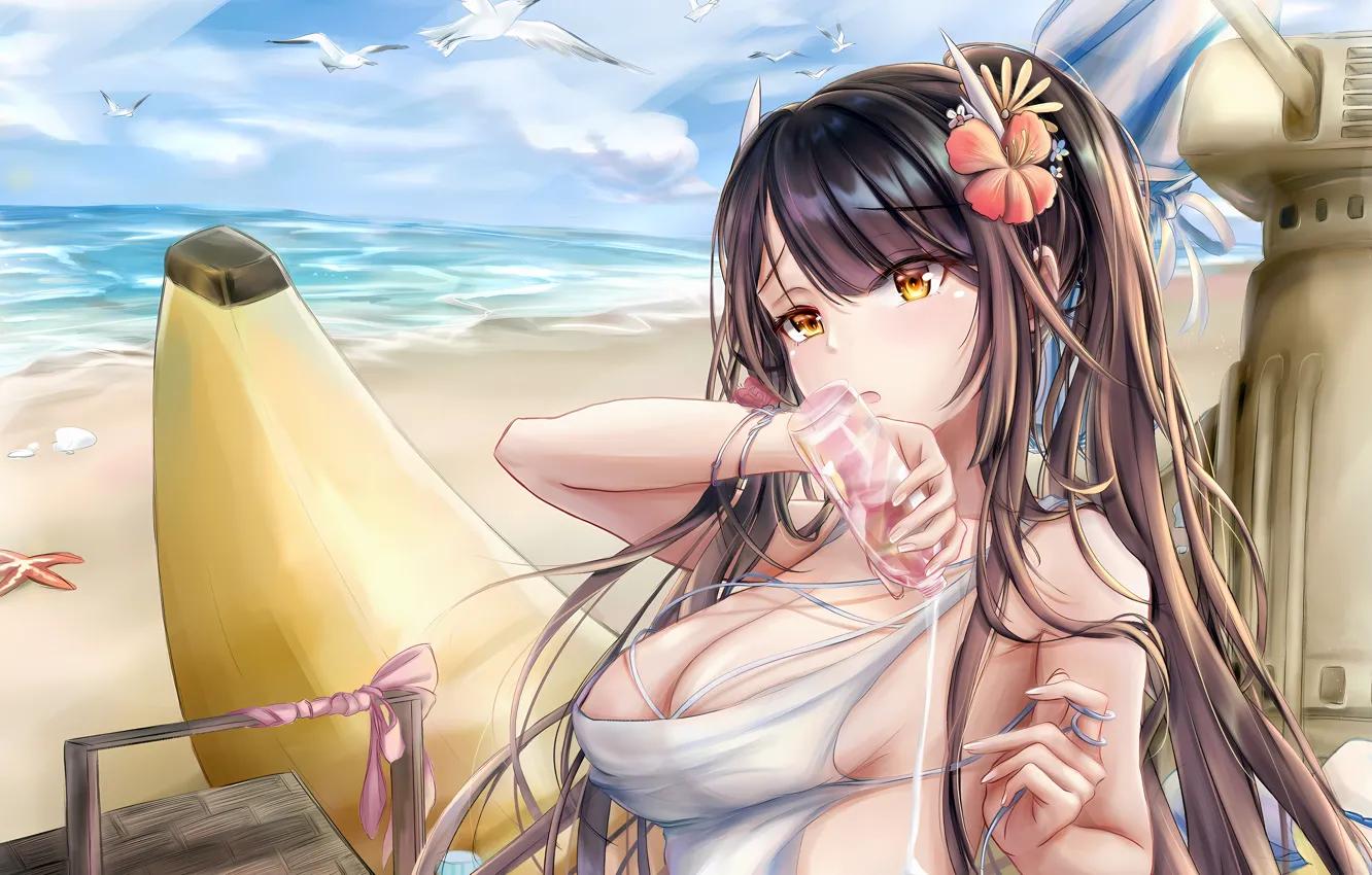 Photo wallpaper girl, sexy, cleavage, beach, blouse, sky, long hair, sea