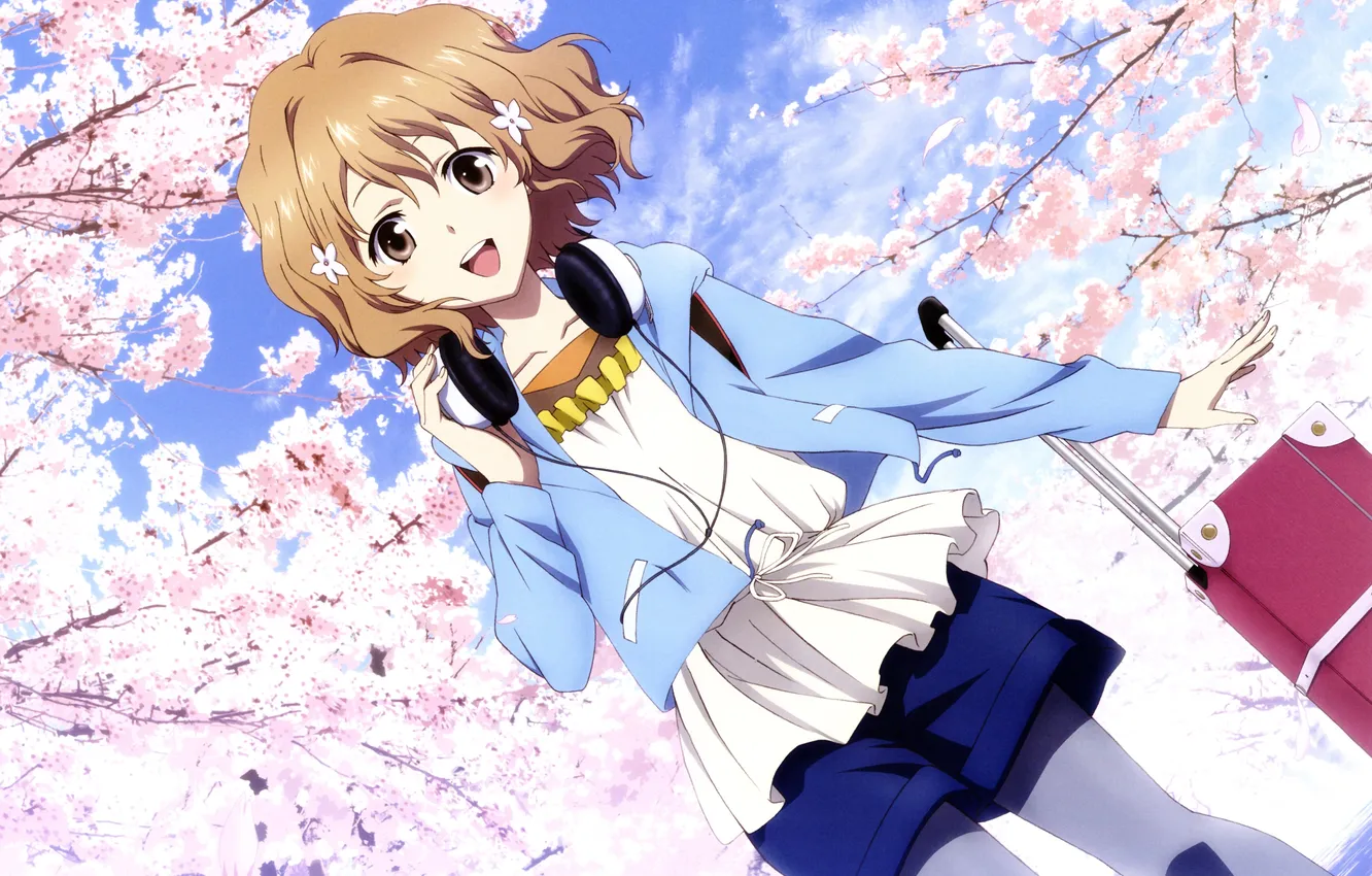Photo wallpaper the sky, clouds, trees, anime, petals, headphones, Sakura, art
