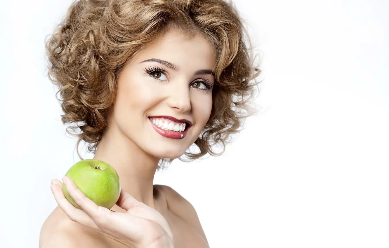 Photo wallpaper girl, smile, model, apples
