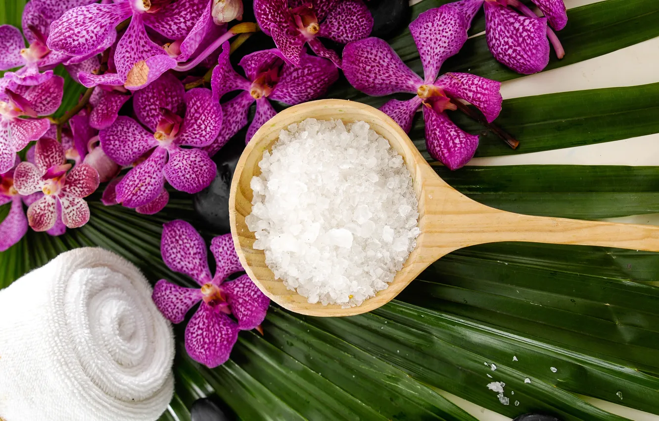 Photo wallpaper flowers, towel, Spa, sea salt