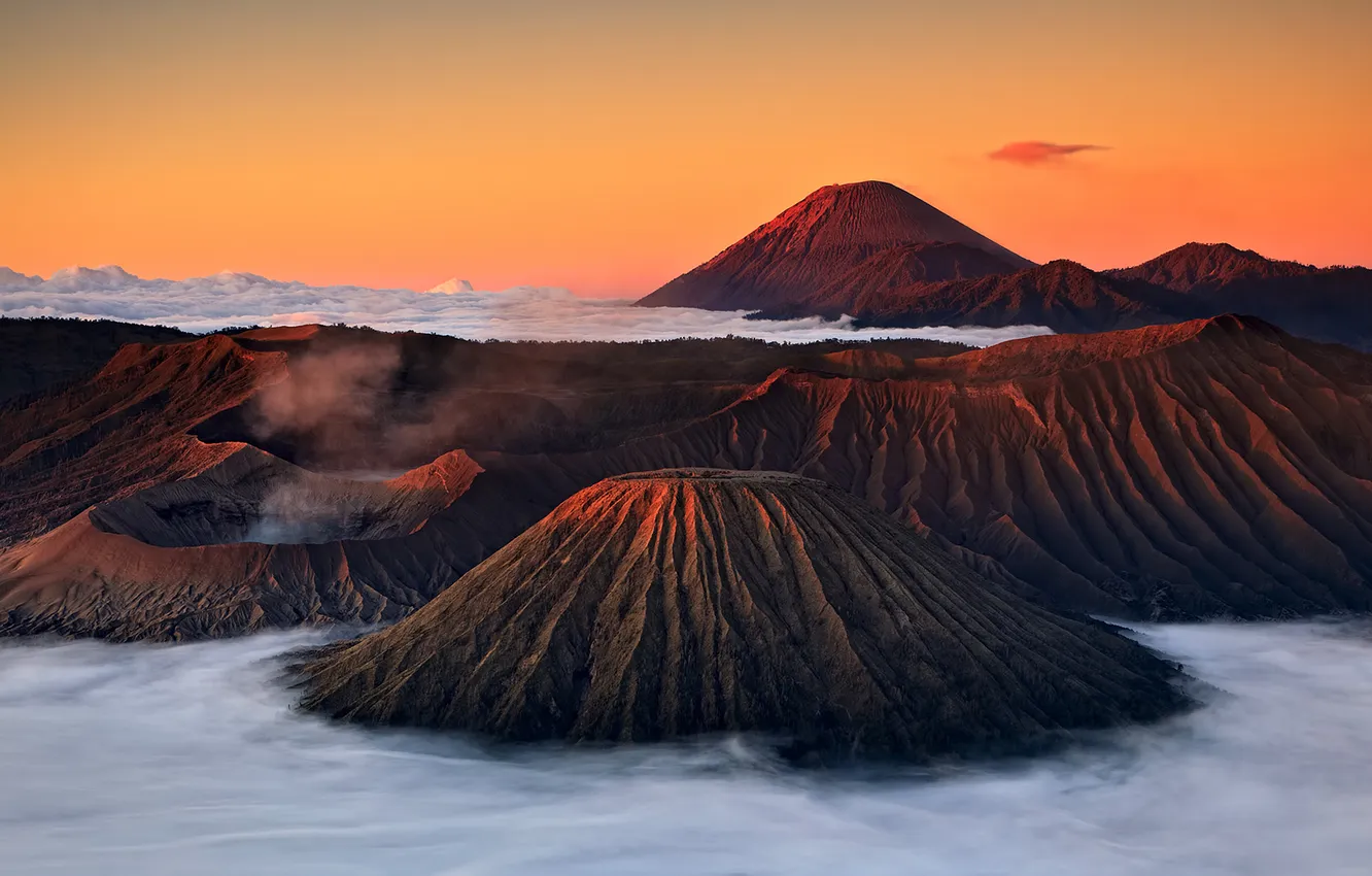 Photo wallpaper sunset, mountains, fog, smoke, the volcano, Indonesia, Indonesia, mount Bromo