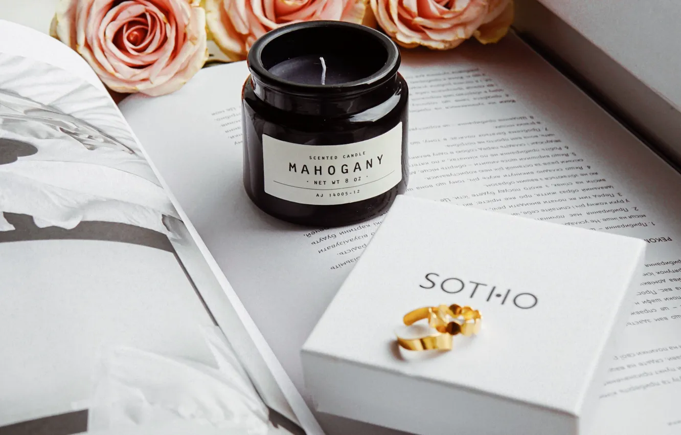 Photo wallpaper wallpaper, rose, flower, book, candle