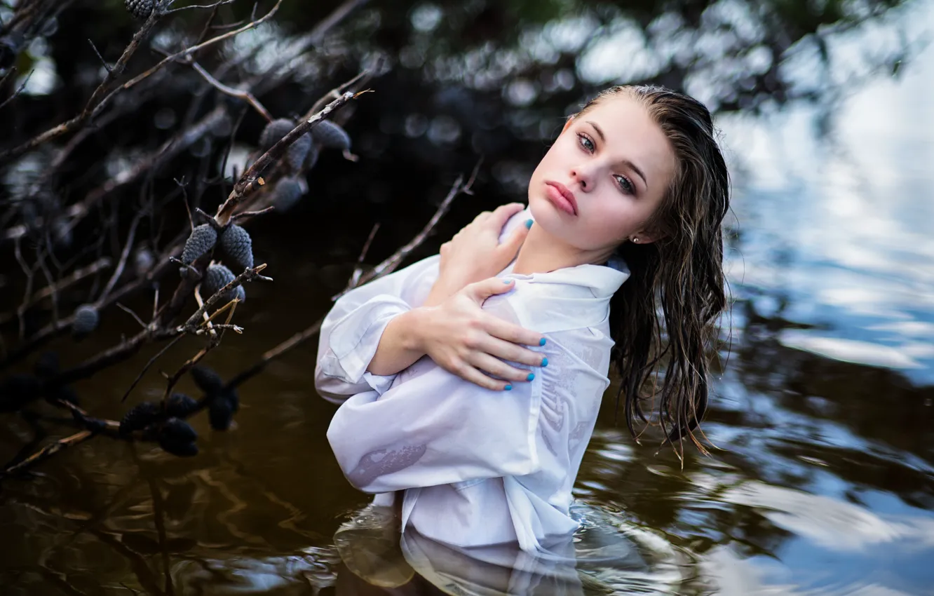 Photo wallpaper water, girl, pose, mood, hair, the situation, wet, hands