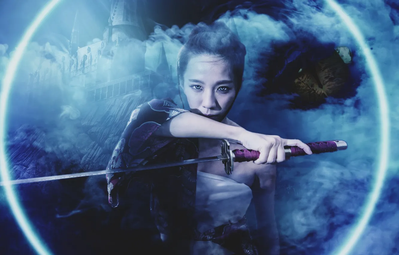 Photo wallpaper girl, face, background, sword, katana