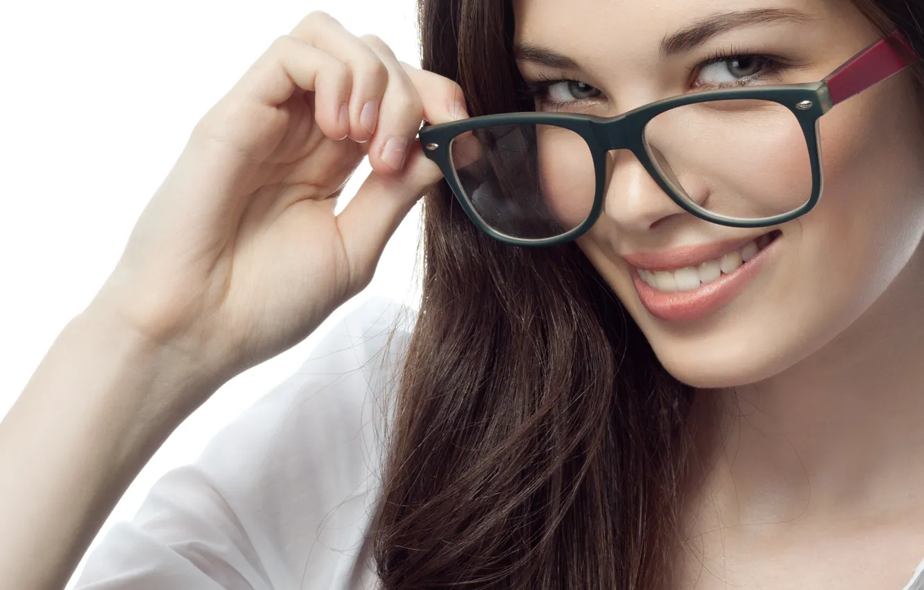 Photo wallpaper look, girl, smile, background, hair, glasses
