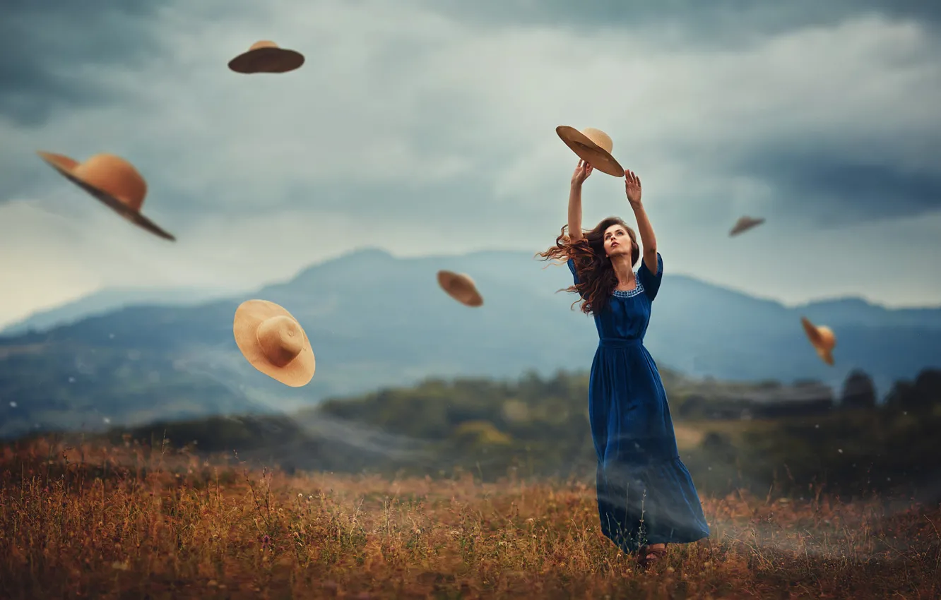 Photo wallpaper HILLS, GRASS, MOUNTAINS, The SKY, FIELD, DRESS, CLOUDS, SUNDRESS