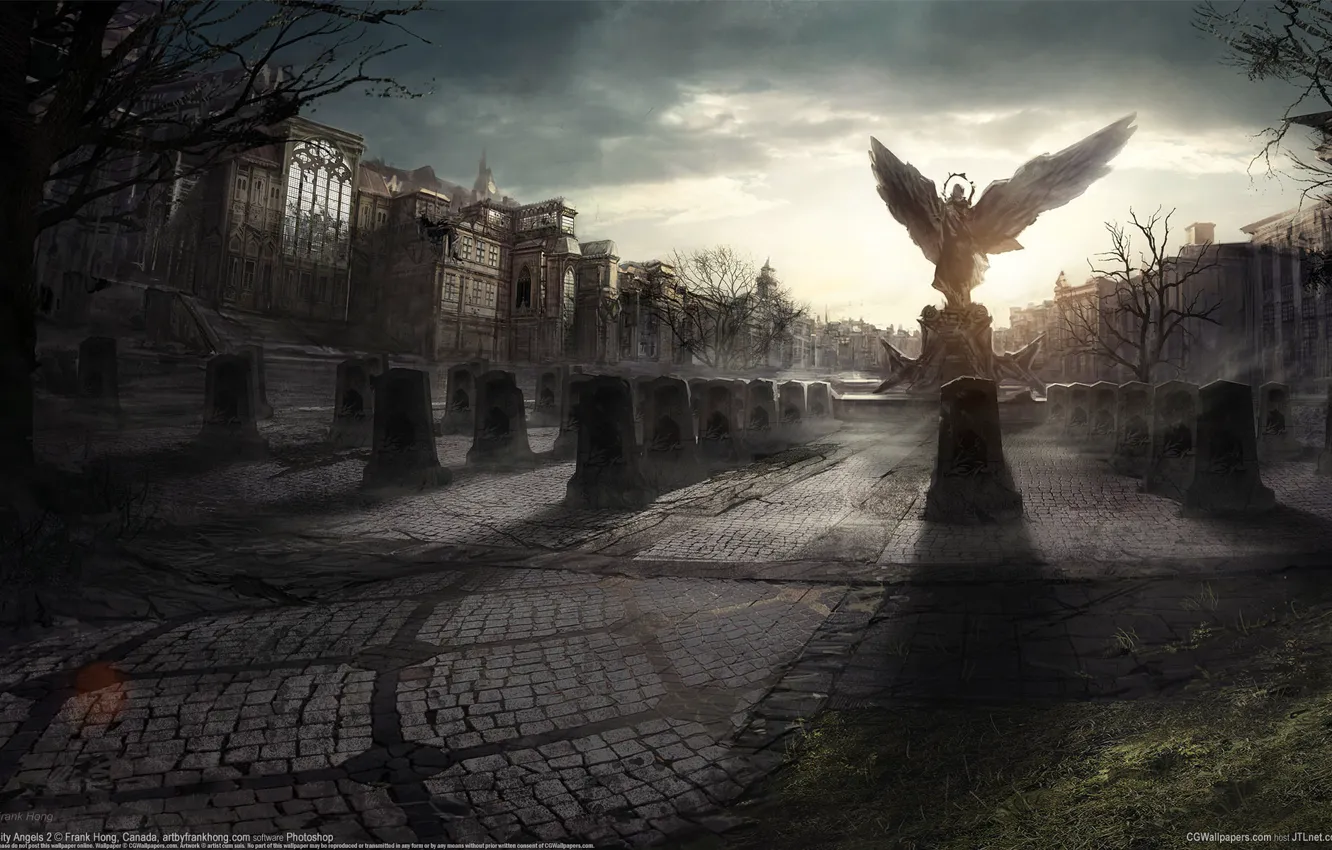 Photo wallpaper the city, home, wings, angel, area, monument, plate, statue