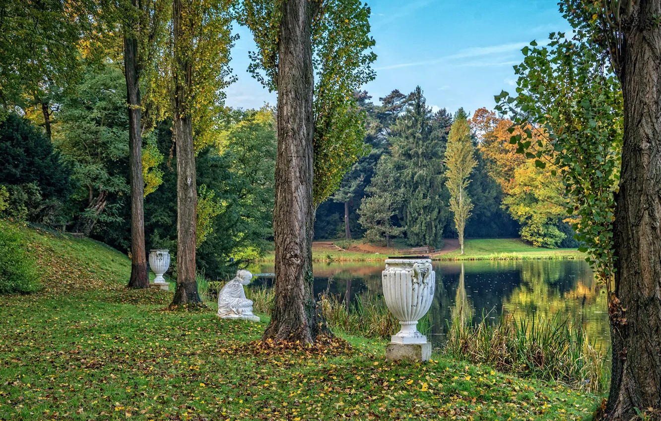 Photo wallpaper autumn, grass, leaves, trees, pond, Park, Germany, sculpture