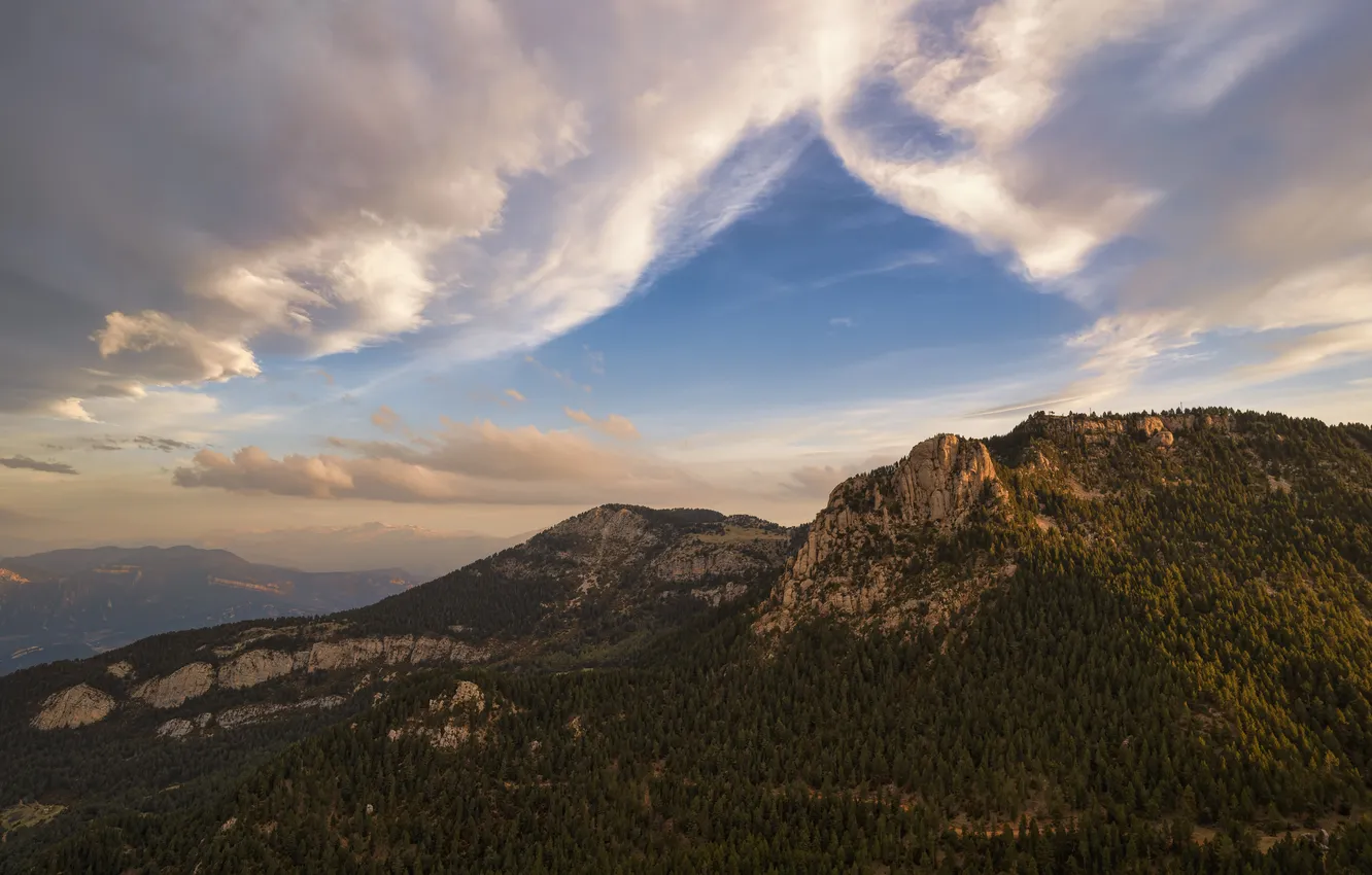 Photo wallpaper forest, clouds, mountains, blue, tops, height, slope, haze