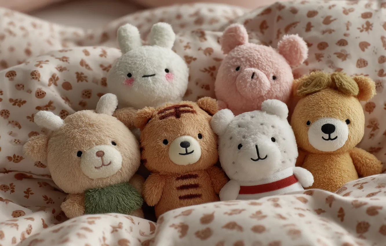 Photo wallpaper toy, animal, rabbit, bear, bed, lies, bear, Bunny