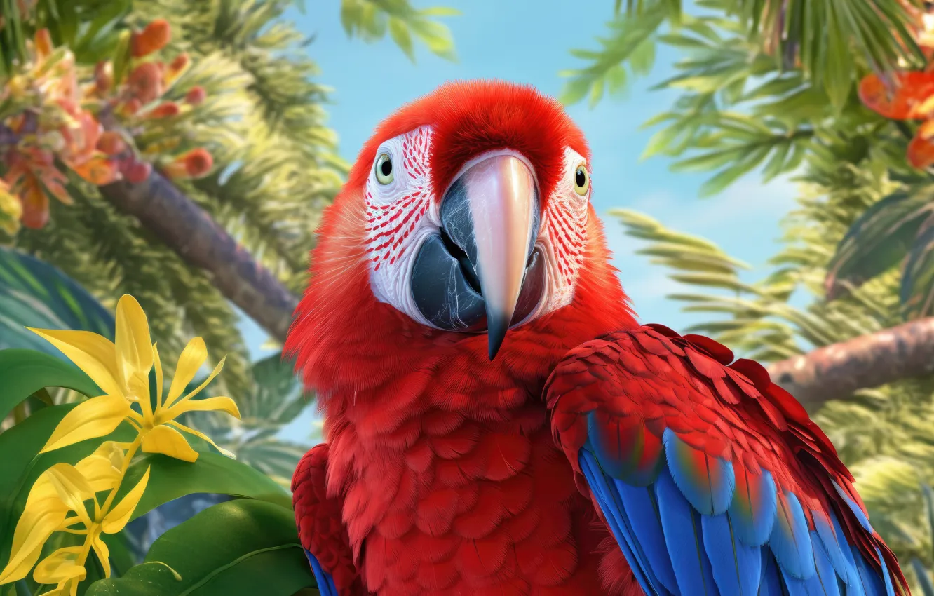 Photo wallpaper look, red, bird, parrot, Ara, AI art, neural network