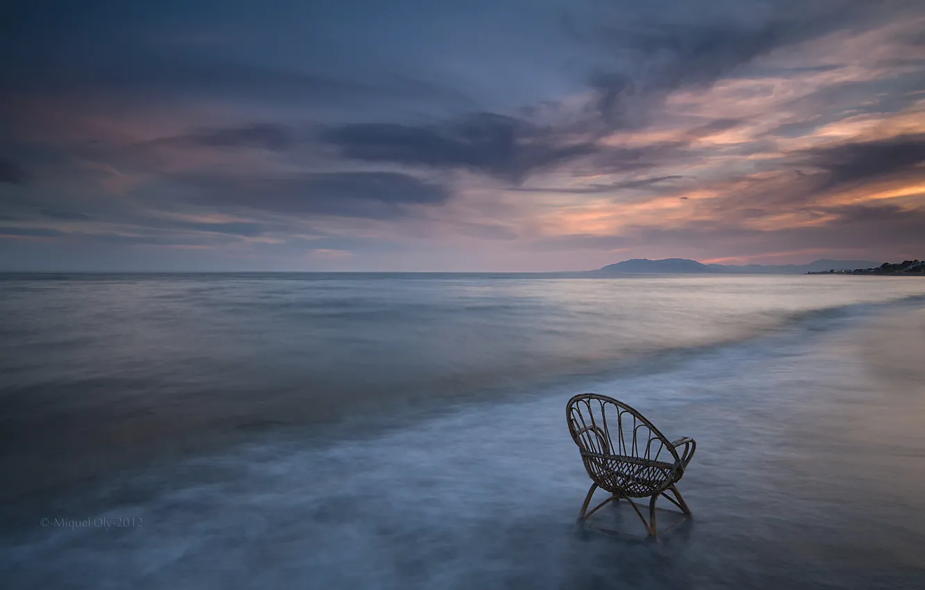 Photo wallpaper sea, the sky, clouds, sunset, shore, coast, the evening, chair