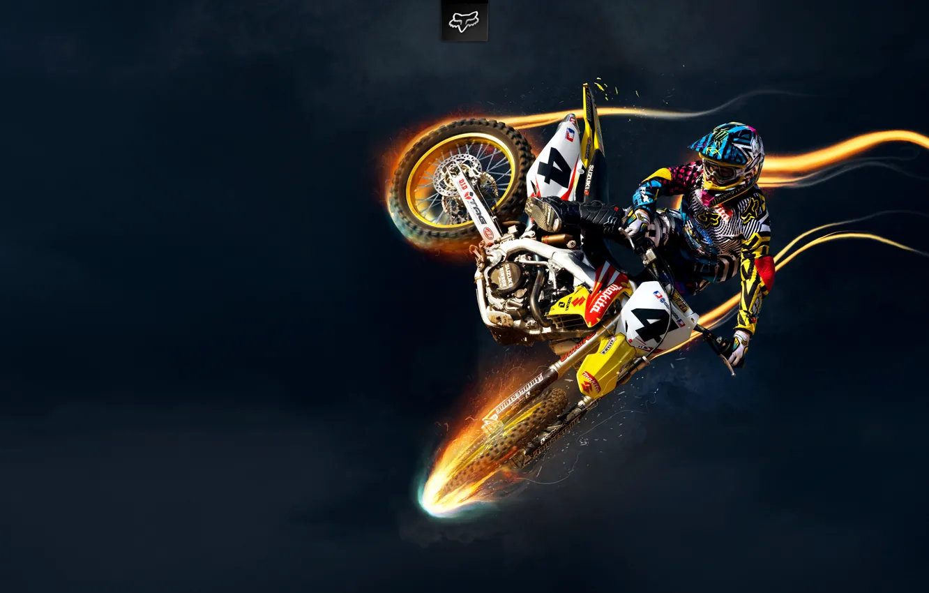 Photo wallpaper Jump, Helmet, Flight, Motocross, Motorcyclist, SUZUKI