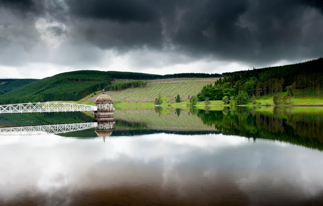 Photo wallpaper forest, the sky, bridge, lake, reflection, house, gray day