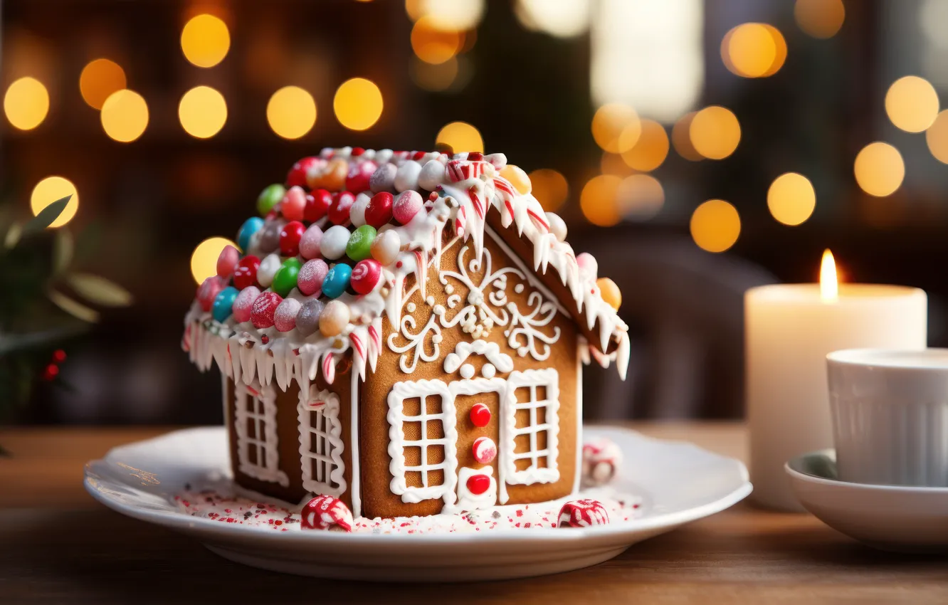 Photo wallpaper pattern, new year, cookies, Christmas, house, dessert, sweet, glaze