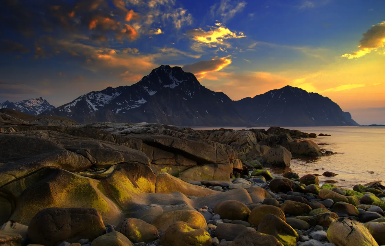 Photo wallpaper sea, the sky, water, clouds, snow, landscape, sunset, mountains
