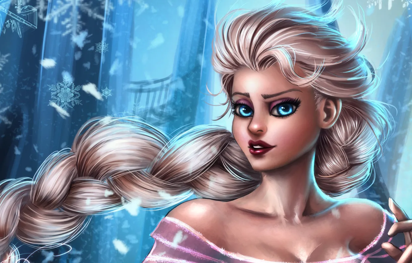 Photo wallpaper look, snowflakes, hair, cartoon, Frozen, Walt Disney, Disney, Snow Queen Elsa