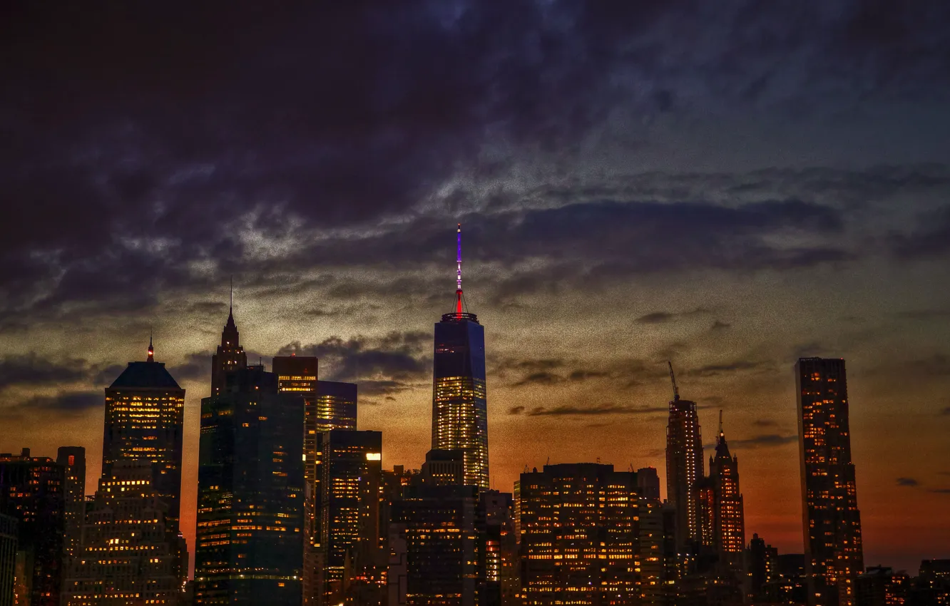 Photo wallpaper the sky, clouds, light, New York, twilight, Manhattan, United States, 1WTC