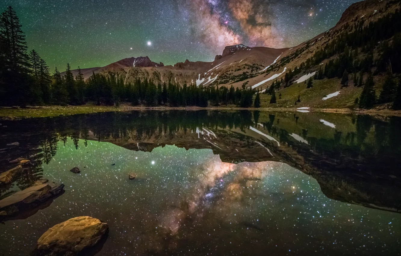 Photo wallpaper stars, landscape, mountains, night, nature, lake, reflection, stones